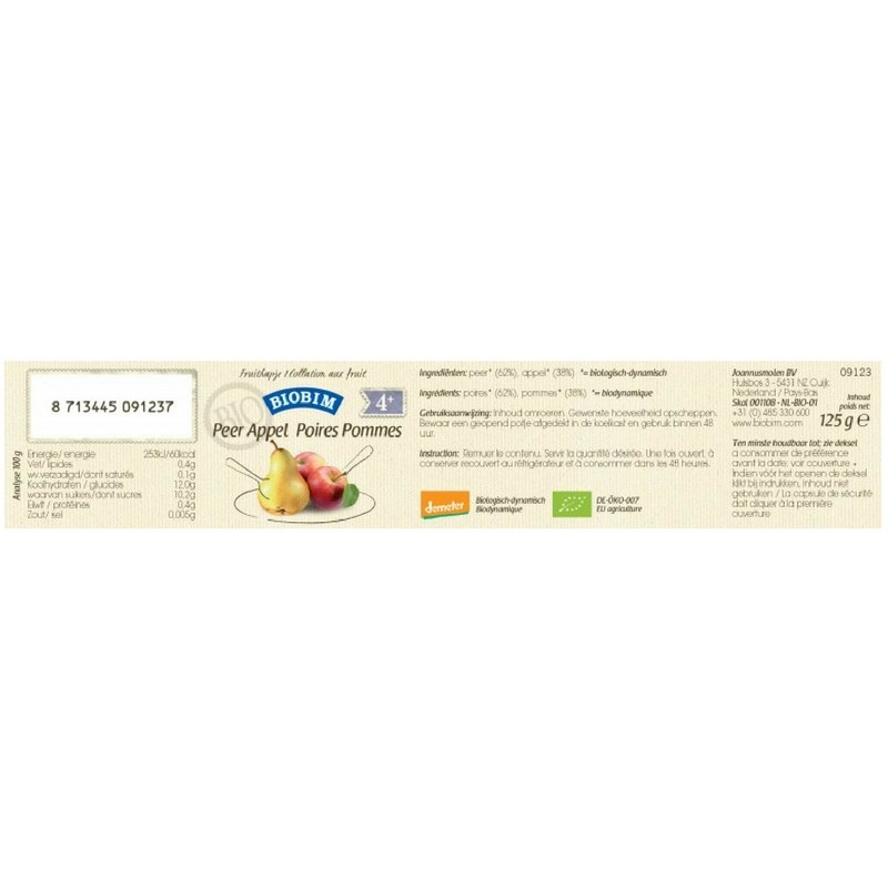 Biobim Puree De Pommes Et Poires Bio Pour Bebes A Partir De 4 Mois