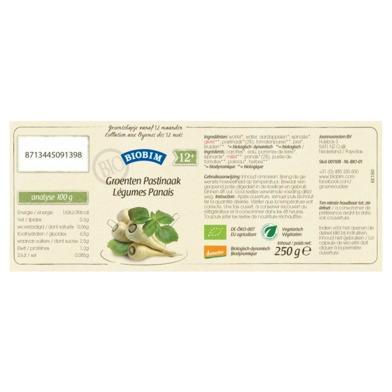 Biobim Puree De Legumes Et Panais Bio Pour Bebes A Partir De 12 Mois