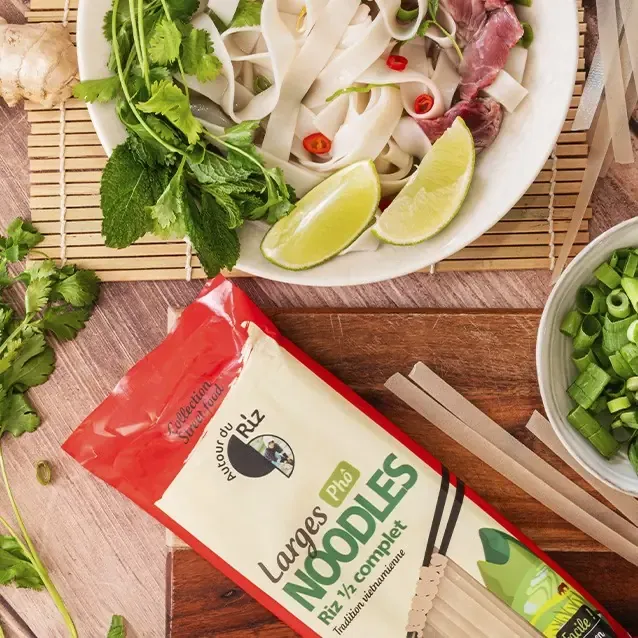 Wide, half-brown rice noodles
